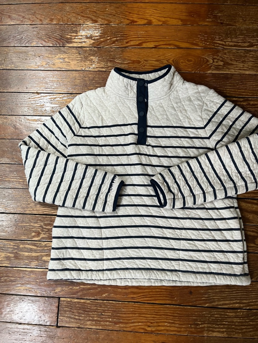 Orvis 100% Cotton 1/4 Snap Quilted Navy/Cream Striped Sweatshirt